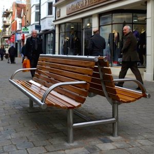 Made from 316 stainless steel and Iroko. From our Shoreline street furniture range.