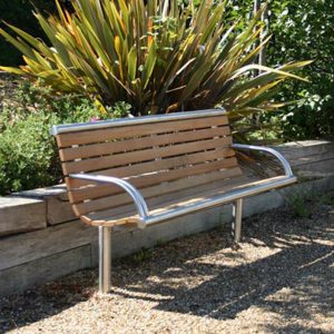 Shoreline SL003 bench, from benchmark design limited. Made from iroko hardwood and 316 stainless steel.