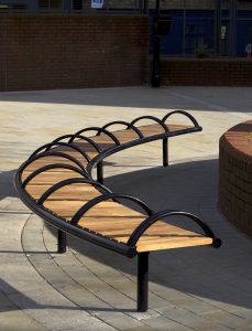 Shoreline SL007 bench. Made from Iroko timber and Powder coated finish. From our Shoreline street furniture range