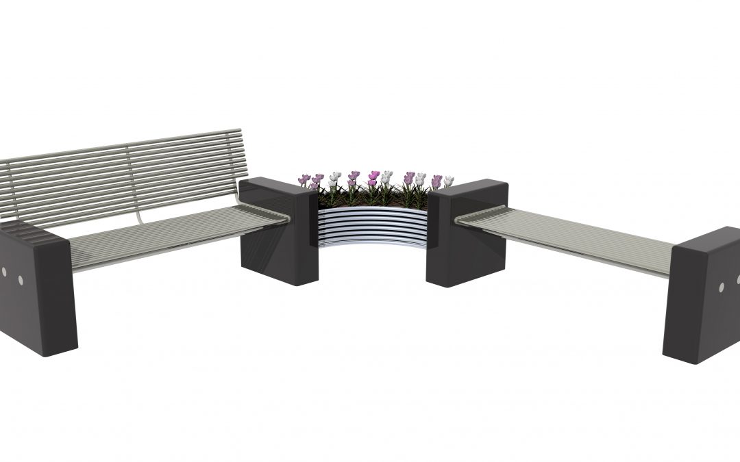 Plaza general arrangement Stainless steel and Granite planter, bench and seat.