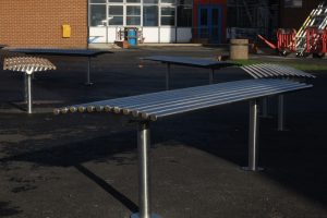 benchmark design street furniture - BL005 stainless steel bench and CL054 litterbin