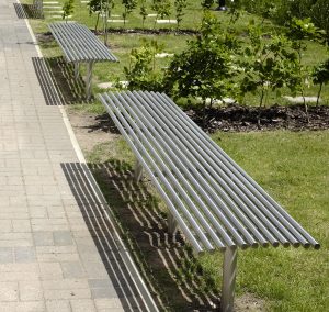 benchmark design street furniture - BL005 stainless steel bench and CL054 litterbin