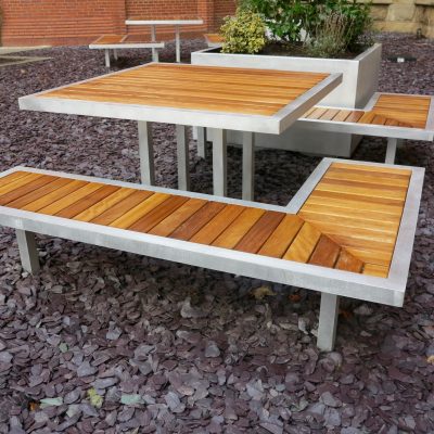 benchmark street furniture campus range. Iroko and aluminium benches