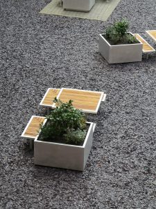 Planter, benches and tables. Iroko and aluminium framed street furniutre