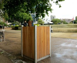 Bespoke litter bin from our Shoreline street furniture range. Made from 316 stainless steel and Iroko timber.