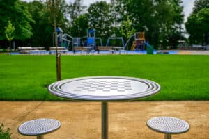 Outdoor chess table and stools